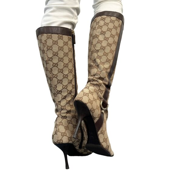 GUCCI Vintage GG Monogram Long Boots #36-37 Heels Zip Beige Brown [104064] - Picture 3 of 12